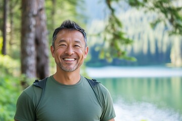 Asian american man in his 50s who exudes happiness and a sense of feeling truly alive in a beautiful natural park near lake, genuine smile on his face, relaxed and confident male who found 