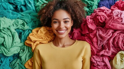 A cheerful woman lies on a vibrant collection of folded clothes, her bright smile complementing the lively background, symbolizing joy and diversity in fashion.