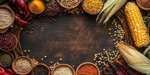 Poster - Dry corn, goat horn, spices, vegetables, and legumes on a wicker backdrop. Copy space.