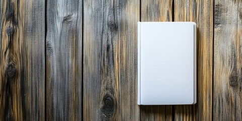 Poster - The white book on a wooden background with space for text represents knowledge and information.