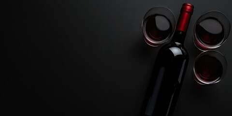 Aufkleber - An elegant bottle and red wine glasses against a black background. Top view. This conveys the idea of advertising and promoting alcoholic beverages. Copyspace available. Flat lay.