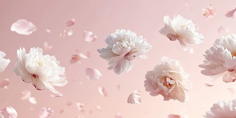 Poster - Beautiful white peony flowers and petals in flight against a light pink pastel background with copy space. A creative floral layout for spring. Spring blossom backdrop.