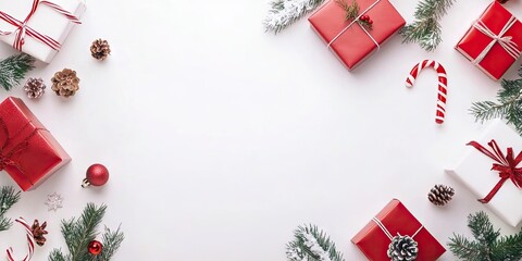 Poster - Christmas holiday backdrop featuring gift boxes on a white table. Top view from above. Copy space.