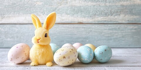 Aufkleber - Colorful pastel Easter eggs on a rustic white wooden background, adorned with a yellow rabbit, captured up close with shallow depth. Happy Easter card.