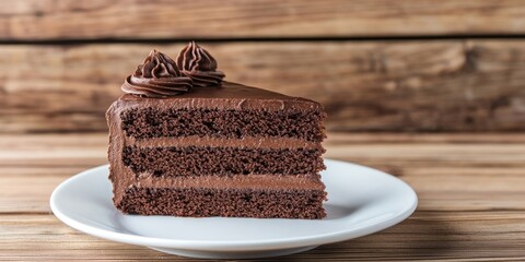 Poster - A slice of chocolate cake is set on a white plate against a wooden background with copyspace.