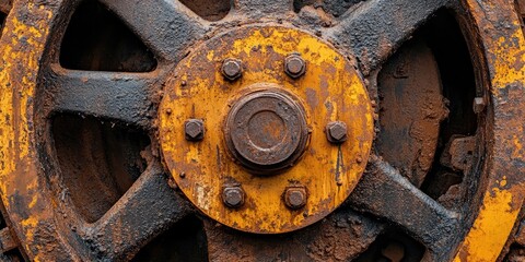 Clear panorama close-up view of the rusted wheel of heavy-duty construction equipment.