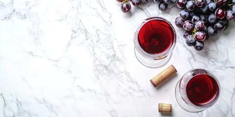 Poster - Wine glasses filled with red wine, fresh grapes, and corks on a white Calacatta background with copy space.