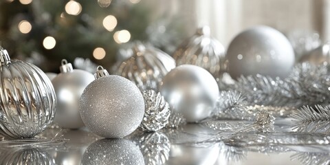 Poster - Close-up of silver Christmas decorations on a silver table