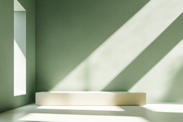 A white platform sits in a minimalist room with a green wall and window, bathed in natural sunlight.