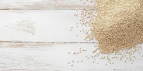 Poster - White quinoa on a white wooden surface. Top view. Free copyspace.