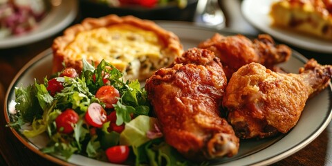 Poster - Fried chicken accompanied by quiche and salad on a plate for buffet food.