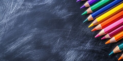 Poster - Bright pencil crayons on a blackboard background, Back to school