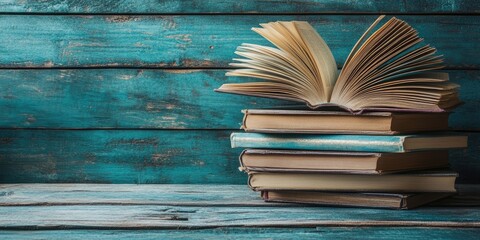 Poster - Arrangement of hardback books with fanned pages on a wooden deck table in the background. Stacked books. Back to school. Copy Space. Educational background.