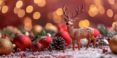 Wall Mural - Christmas and New Year backdrop featuring a toy deer. Decorations for the winter holiday season. Copyspace