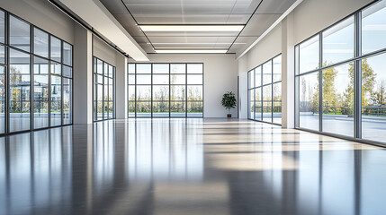 A wide-angle view of an empty modern office building with large windows and white walls