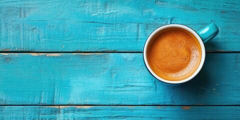 Aufkleber - Coffee cup on a blue wooden surface