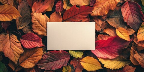 Poster - Blank card surrounded by colorful autumn leaves. Concept of Thanksgiving, Halloween, or harvest. Invitation greeting card.