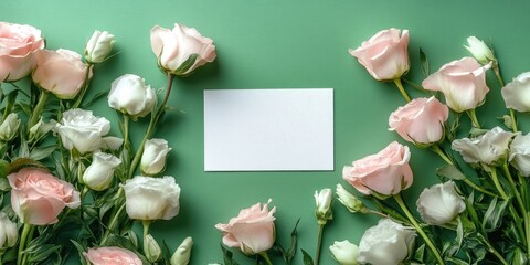 Poster - Trendy banner for Valentine's Day, International Women's Day, or Mother's Day. Invitation for a party or wedding featuring an arrangement of Eustoma flowers and a blank card on a green background.