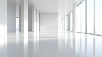 A wide-angle view of an empty modern office building with large windows and white walls