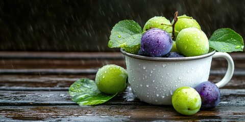 Aufkleber - Violet and green plums in a white metal cup, accompanied by a green leaf and water droplets, set against a brown wooden background. Summer fruit harvest, copy space.
