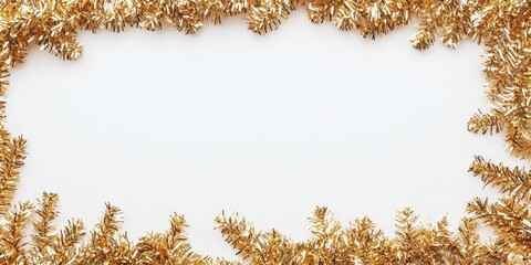 Frame of glittering tinsel on a white background, top view. Space for text.