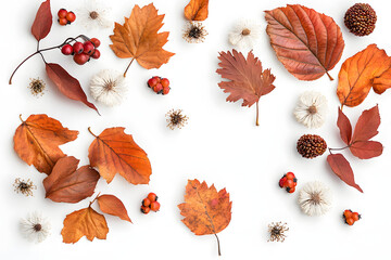 Sticker - Autumn composition. Dried leaves, flowers, rowan berries on white background. Autumn, fall, thanksgiving day concept. Flat lay, top view, copy space