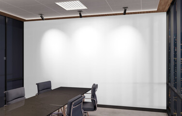 Aufkleber - Blank white wall Mockup in dark modern office with windows and spotlights. Empty company meeting room 3D rendering