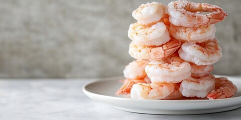 Poster - A stack of frozen shrimp on a white plate against a white backdrop. Copy space.