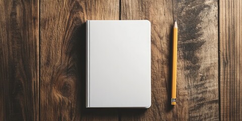 Fototapete - blank white cover notebook top view with pencil on brown wooden desk background