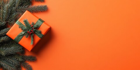 Poster - Christmas arrangement. Christmas present, fir branches on an orange background. Flat lay, top view, copyspace.
