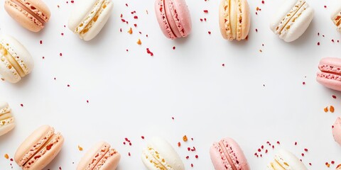 Poster - Macaron dessert arrangement on a white background top view copy space