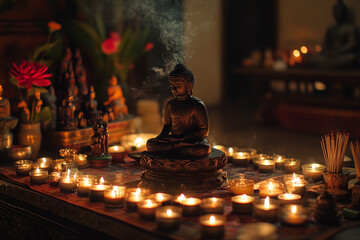 Wall Mural - Respectful Buddhist Altar with Incense and Candlelight  