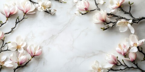 Aufkleber - Magnolia tree branches adorned with stunning flowers on a white marble table, top view. Copyspace available.