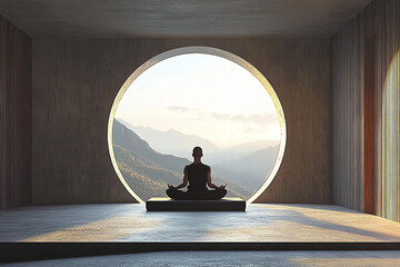 Canvas Print - Minimalist Meditation Room Overlooking Mountains with Monk at Sunrise  