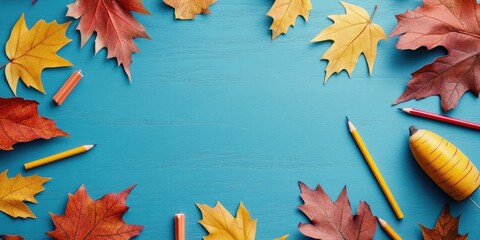 Aufkleber - Autumn and fresh maple leaves. Seasonal background. Education, back to school theme, top view, flat lay - Image. Empty copyspace for text.