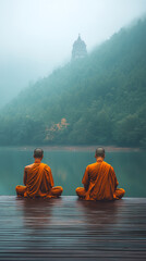 Canvas Print - Peaceful Autumn Morning at a Buddhist Monastery with Meditating Monks  