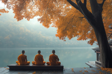 Sticker - Peaceful Autumn Morning at a Buddhist Monastery with Meditating Monks  