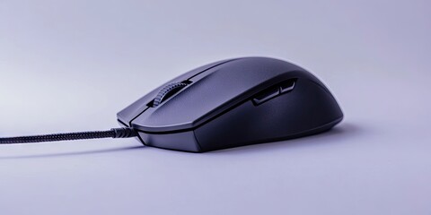 Poster - black optical mouse with a cord on an isolated white background, optical computer mouse in black with a cord on an isolated white background featuring copy space