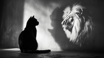 a black cat sits in a dimly lit room, its shadow on the wall revealing the powerful image of a lion,