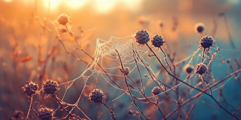 Aufkleber - Autumn abstract background featuring a dry plant at sunrise with a spiderweb, in a vintage retro style.