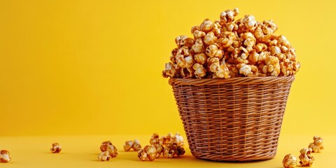 Poster - Caramel popcorn in a basket on a yellow background.