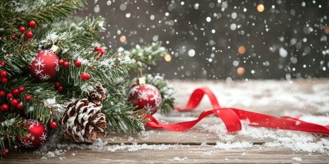 Poster - Christmas fir tree on a wooden surface/Christmas green arrangement with ribbon and snow/Christmas holiday backdrop