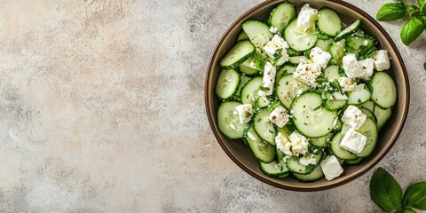 Poster - Bowl of cucumber and feta salad on a beige and grey granite surface, vertical shot with space, high-angle perspective.