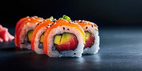 Poster - Sushi rolls are a Japanese delicacy, a traditional dish made from rice and fish. The food is beautifully presented against a dark background with copyspace. A collection of tasty treats.