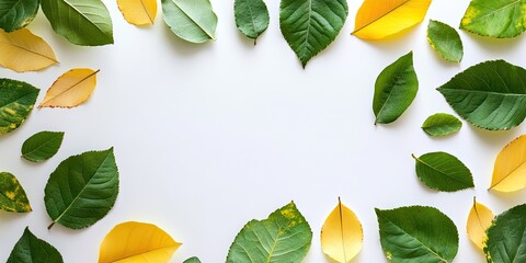 Canvas Print - Create a card using green and yellow leaves for an abstract background. Nature concept, flat lay, copyspace, sketchbook.