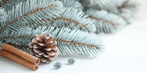 Aufkleber - Blue fir tree branch with a large cone and cinnamon sticks on a white wooden background. Christmas blank card, copyspace.