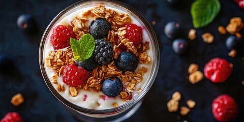 Poster - Breakfast in a glass featuring granola and berries, top view.