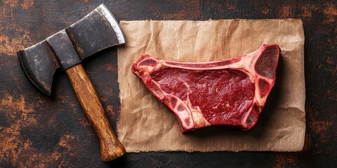 Fototapete - Raw T-bone steak alongside a hatchet. Top view