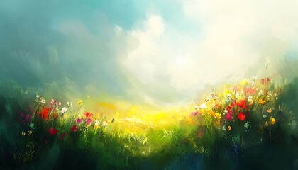 Aufkleber - A vibrant landscape filled with colorful flowers, bathed in soft light, creating a serene and idyllic atmosphere under a bright sky.