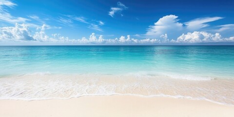 Poster - White sandy beach, clear blue ocean, visible horizon, beautiful sky with clouds.
